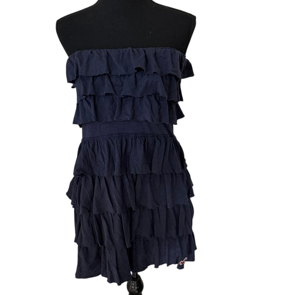 Y2K Hollister Navy Tiered Ruffle Strapless Mini Dress Smocked Womens Medium